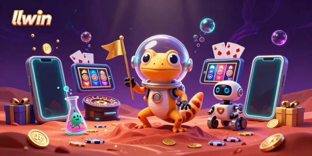 llwin's Martian gaming adventure showcases colorful slot games and casino elements.