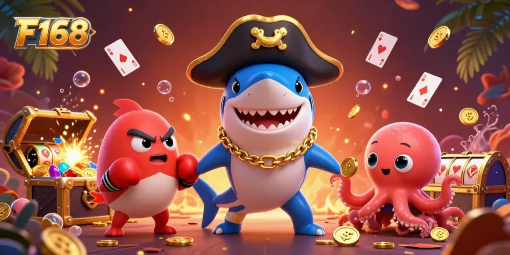 Engage with F168's vibrant casino gaming scene featuring unique characters and elements.