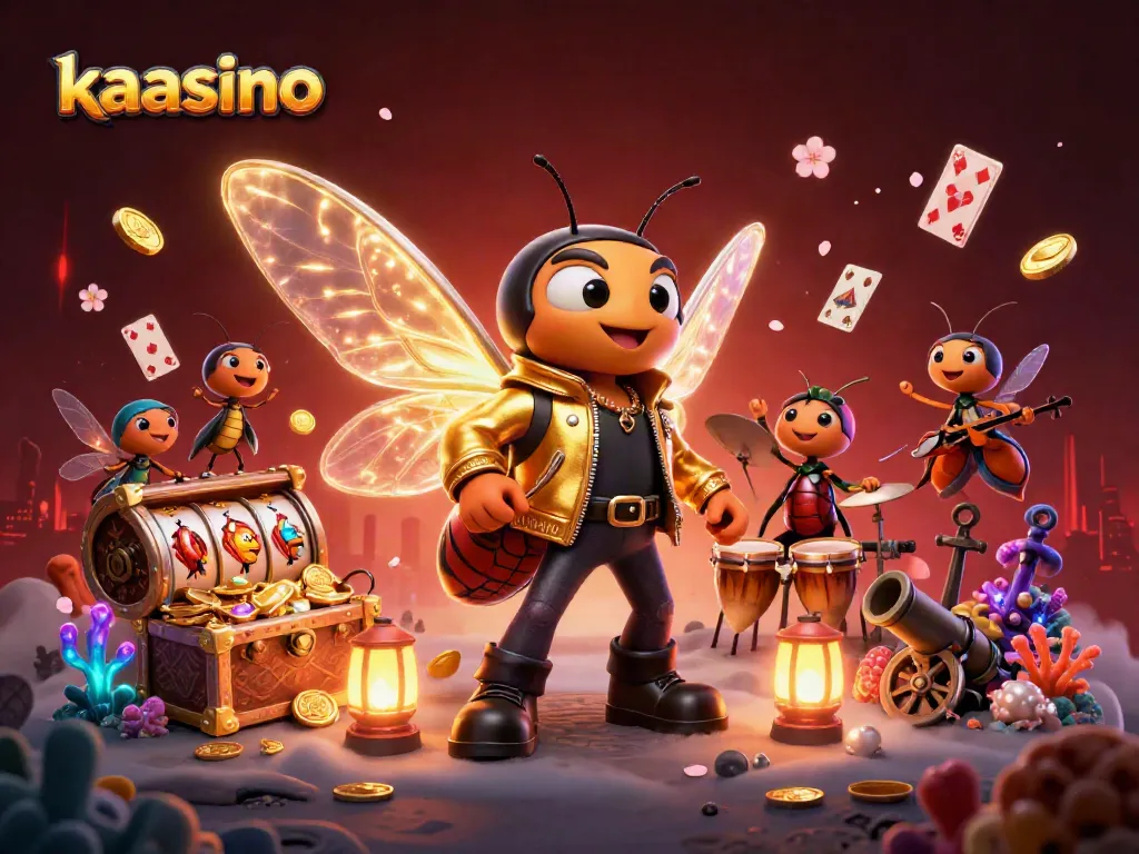 Engage with kasino's dynamic gaming scene filled with spinning slots, playing cards, and colorful gems.