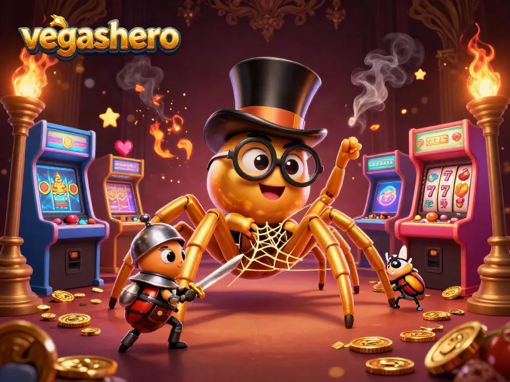 Engage in thrilling action at VegasHero Casino with a vibrant 3D illustration featuring dynamic game elements and characters.