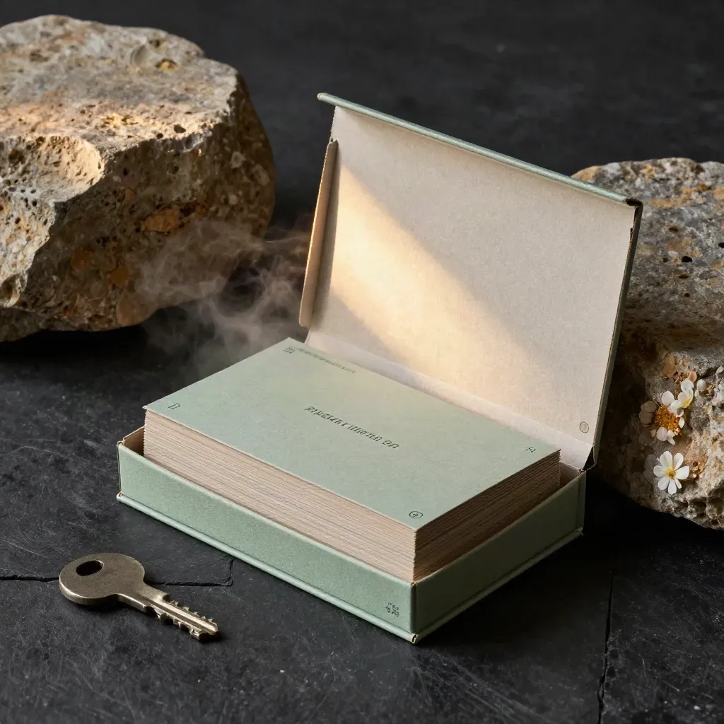Doelenset-box leunt tegen steen op matte zwarte ondergrond, met groene accenten en tabkaarten.