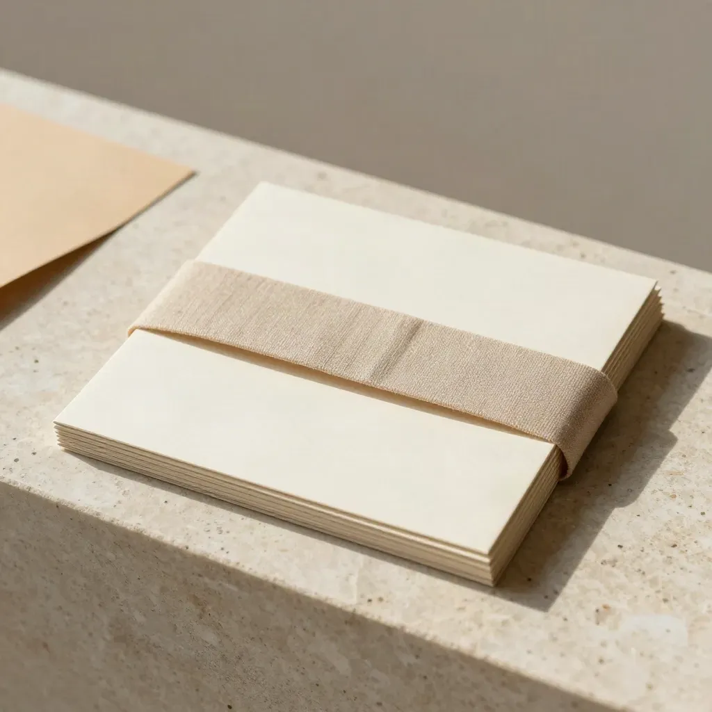 Vierkante postkaartjes met gevouwen sleeve en linnen band op travertin, zacht uitgelicht