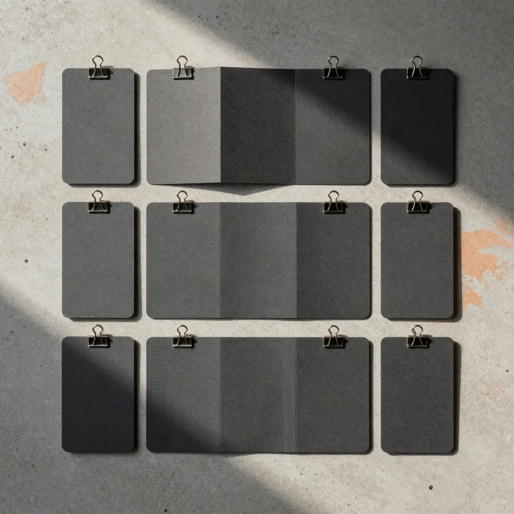 Bovenaanzicht van een 14-dagen focussysteem met kaartmodules, clips en elastiek op beton.