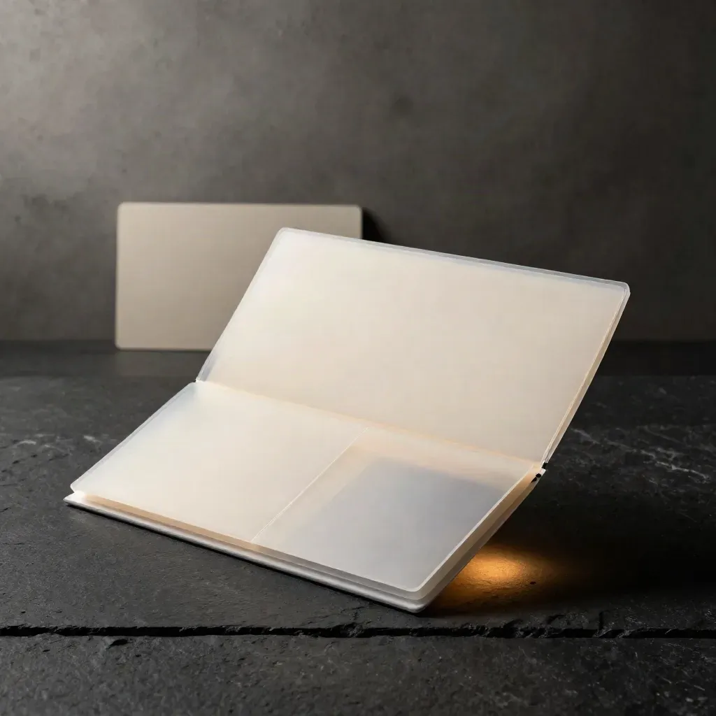 Donker productshot van een smalle map met transparante lagen en een gesloten kaartwallet.