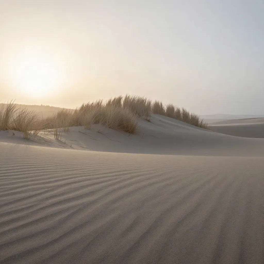 Mistige duinhelling bij zonsopkomst met droog gras en een rustige lege voorgrond.