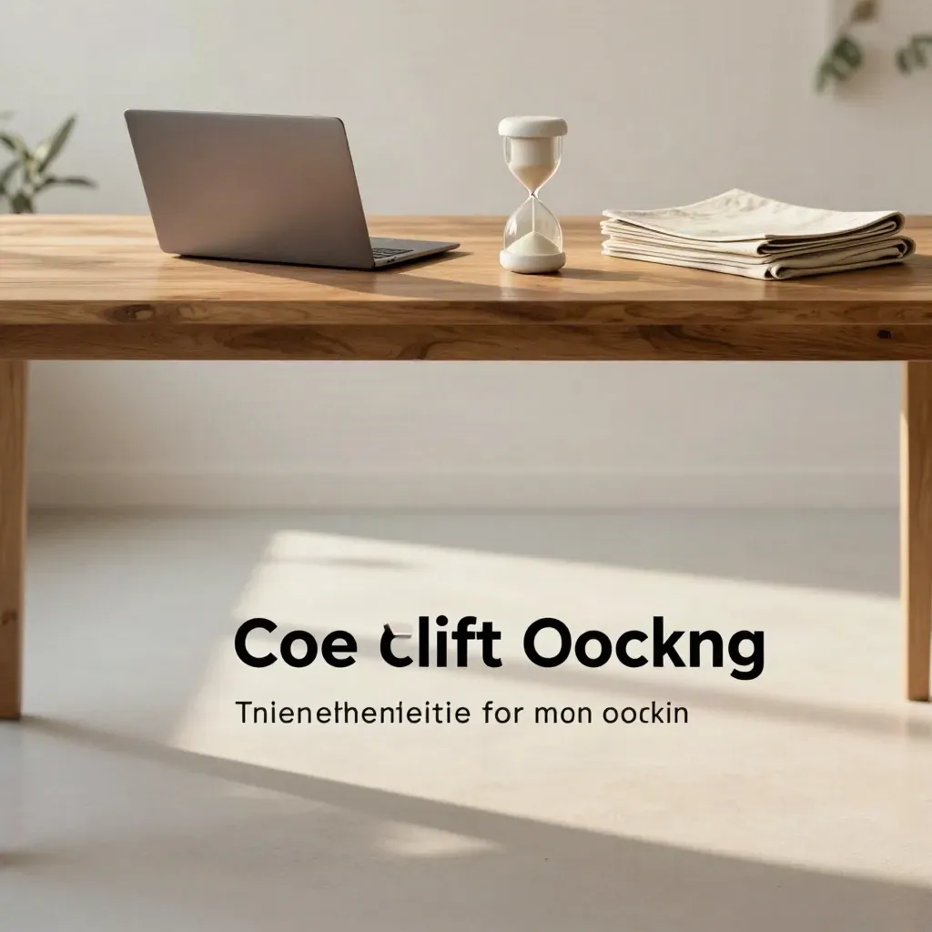Warme coachingstudio met eiken werkblad, laptop, uurglas en zachte planten in het licht.