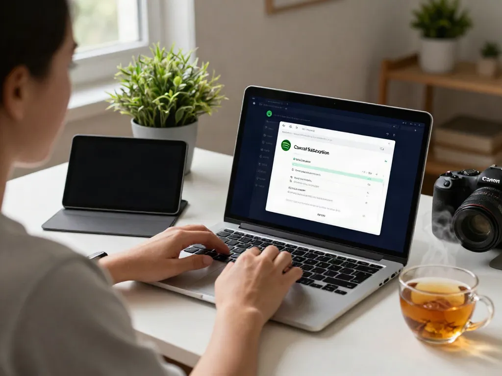 Individual following the SpotiGeek cancel guide in a modern home office setting with a laptop showing Spotify settings.