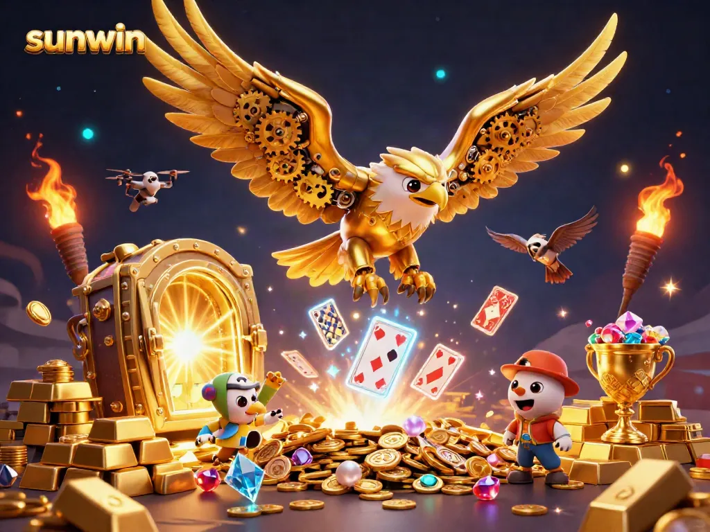 Engage with the thrilling world of sunwin, where a golden eagle dives amidst a cascade of holographic cards.