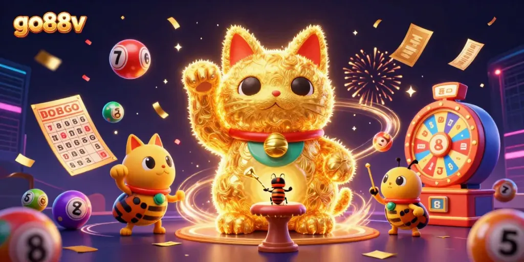 Experience the excitement with go88v as lively fireflies and a lucky cat bring the casino spirit alive!