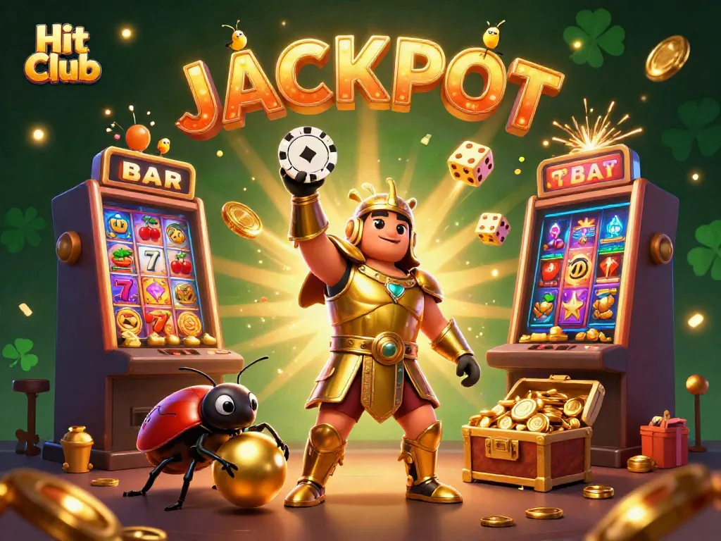 Experience the Hit Club jackpot with vibrant 3D illustration featuring winning characters and casino elements.