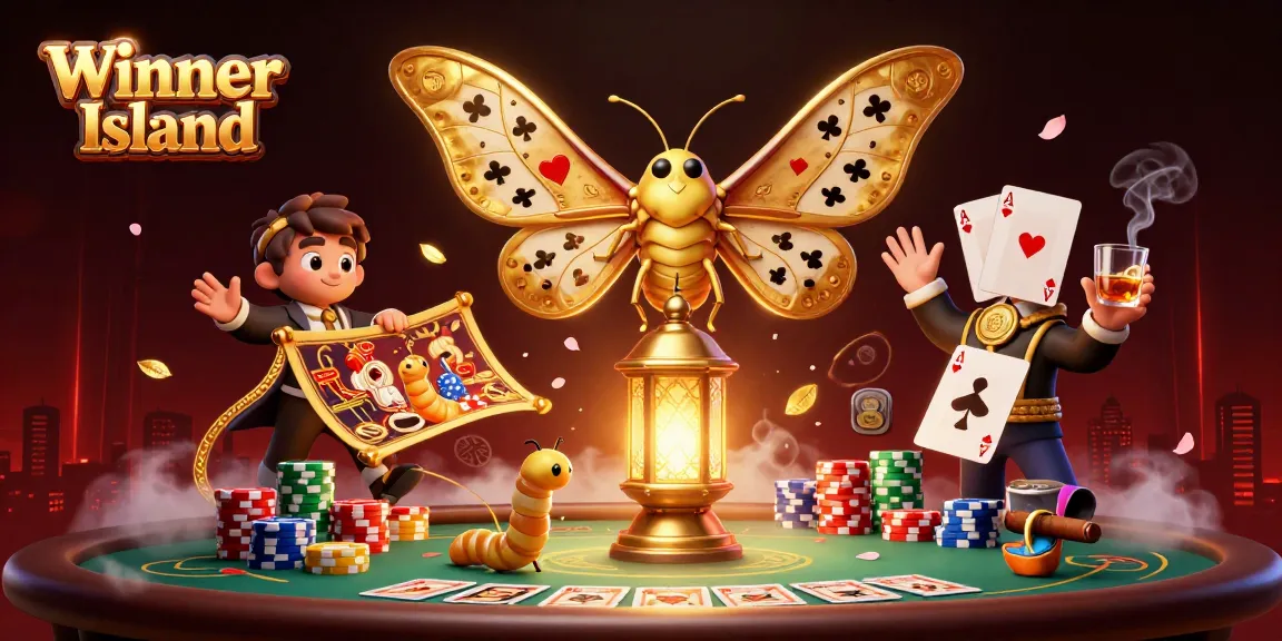 Experience thrilling gameplay at Winner Island with an illustrated casino scene featuring an atlas moth.