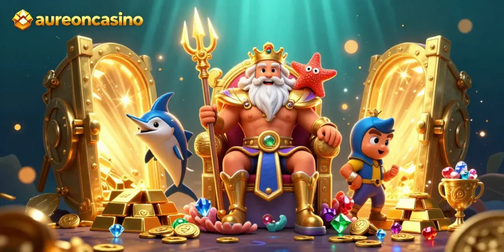 Aureoncasino offers a vibrant casino experience amidst treasures and games in a whimsical ocean scene.